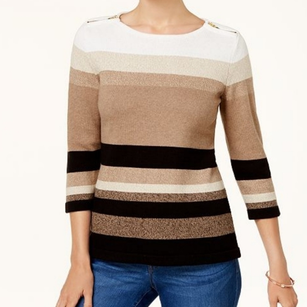 Karen Scott striped knit sweater top beige brown black size XL cotton *